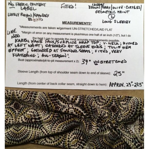 KAREN KANE Faux/SURPLICE WRAP TOP, Cream/Brown/Olive Geometric print, Size L - Picture 7 of 7